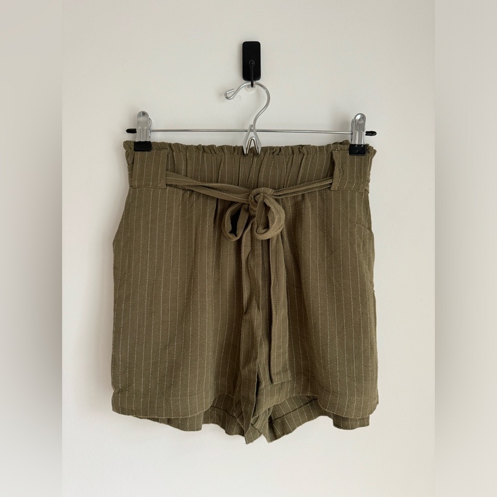 NEW HEM & THREAD Small Green Stripe‎ Linen Blend Shorts Elastic High Waist